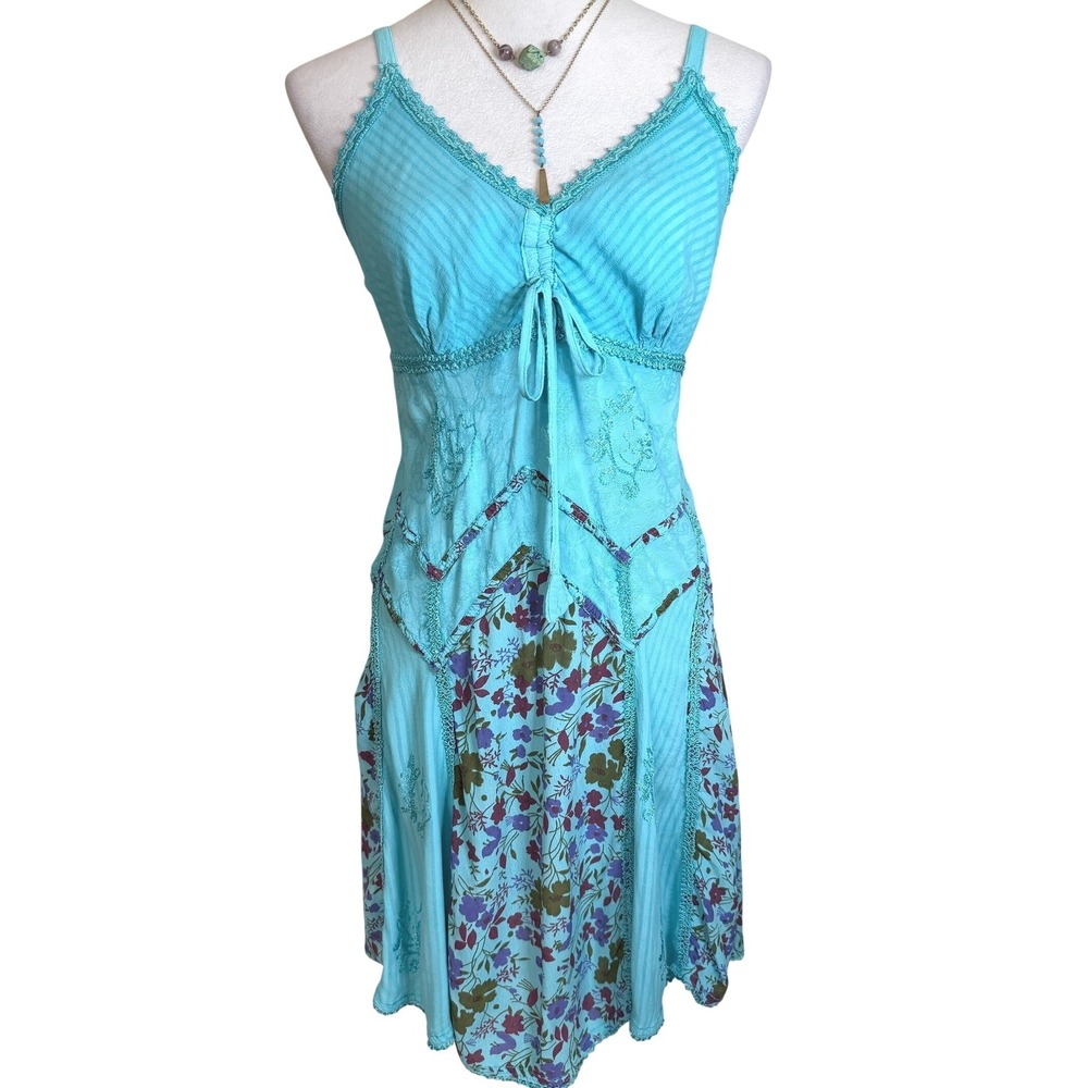 Y2K Turquoise Floral Fairy Embroider Midi Slip Dress Boho Gypsy Babydoll Small
